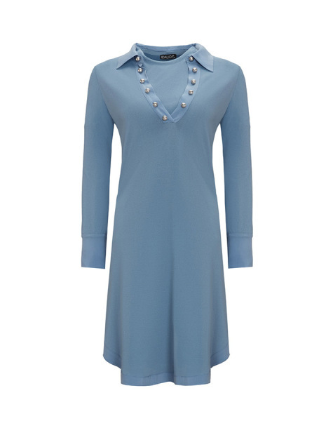 T25Y-6016 Cupro Erkek Yaka Düğme Aksesuarlı Triko Tunik 1186-BLUE - 1