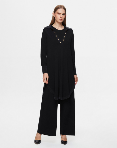 T25Y-6016 Cupro Erkek Yaka Düğme Aksesuarlı Triko Tunik BLACK - 3