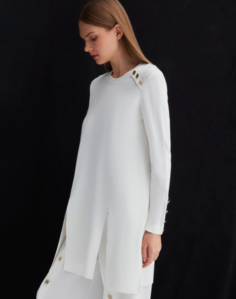 T25Y-6019 Düğme Aksesuarlı Düz Renk Triko Tunik 1012-ECRU - MISS DALIDA (1)