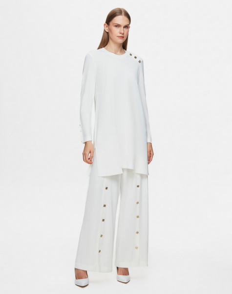 Düğme Aksesuarlı Düz Renk Triko Ekru Tunik - 1