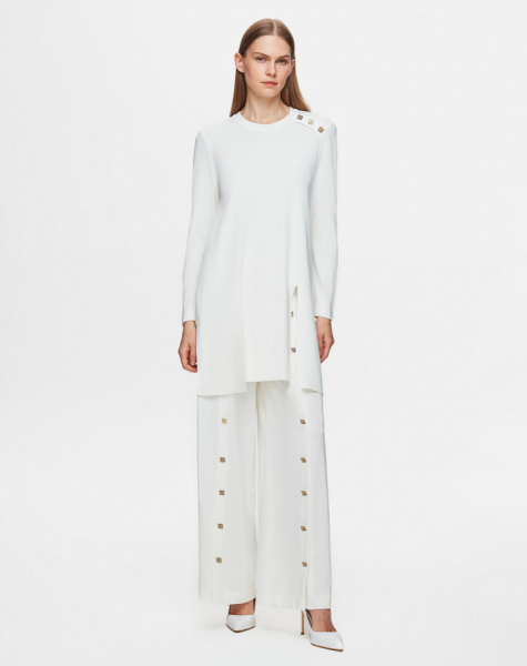 Düğme Aksesuarlı Düz Renk Triko Ekru Tunik - 3