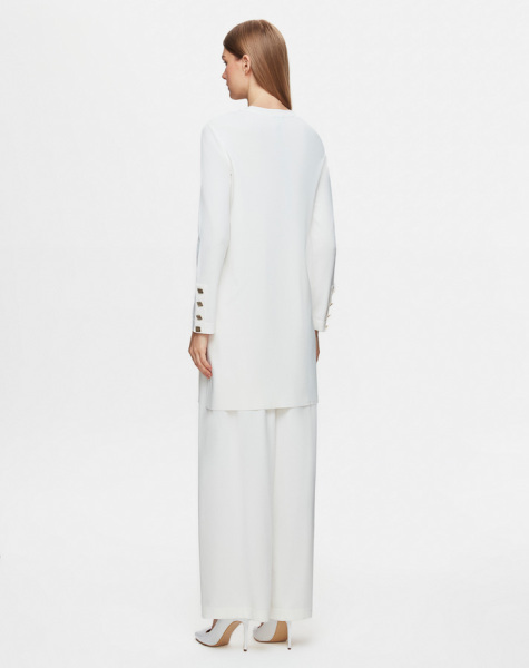 Düğme Aksesuarlı Düz Renk Triko Ekru Tunik - 4