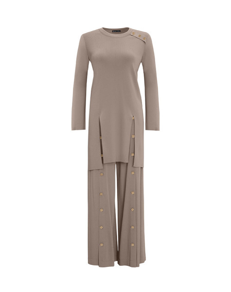 T25Y-6019 Düğme Aksesuarlı Düz Renk Triko Tunik 1237-MİNK - 1