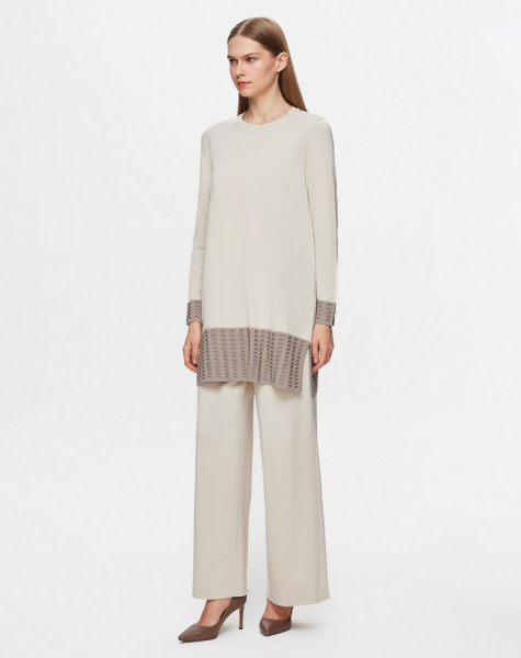 Örgü Teknikli İki Renk Triko Kum Rengi Tunik - 1