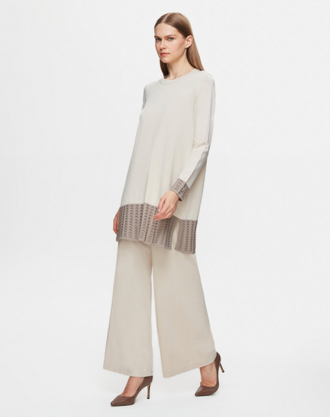 Örgü Teknikli İki Renk Triko Kum Rengi Tunik - 2