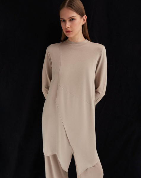 T25Y-6022 Kruvaze Kesim Cupro Triko Tunik 1237-MİNK - 2