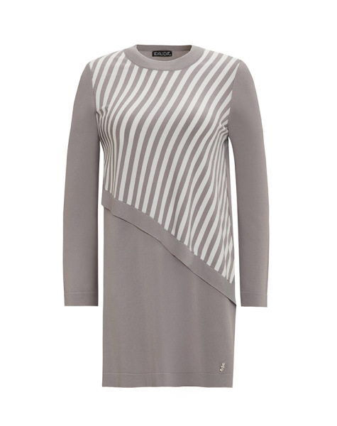 Asimetrik Kesim Çizgili Triko Gri Tunik - 1