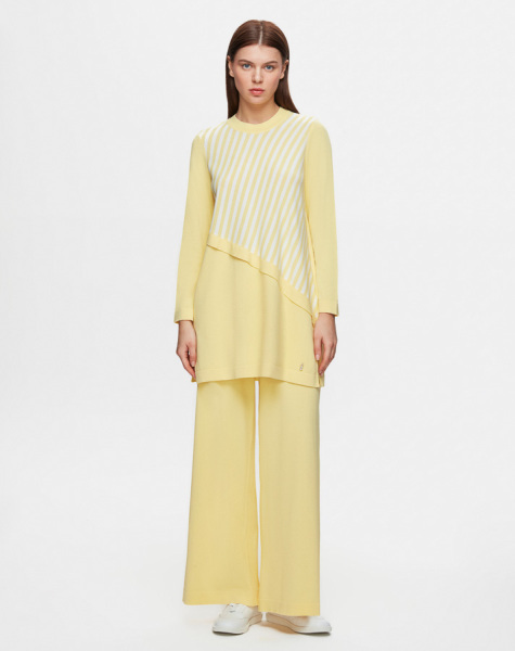 T25Y-6023 Asimetrik Kesim Çizgili Triko Tunik 1221-YELLOW 
