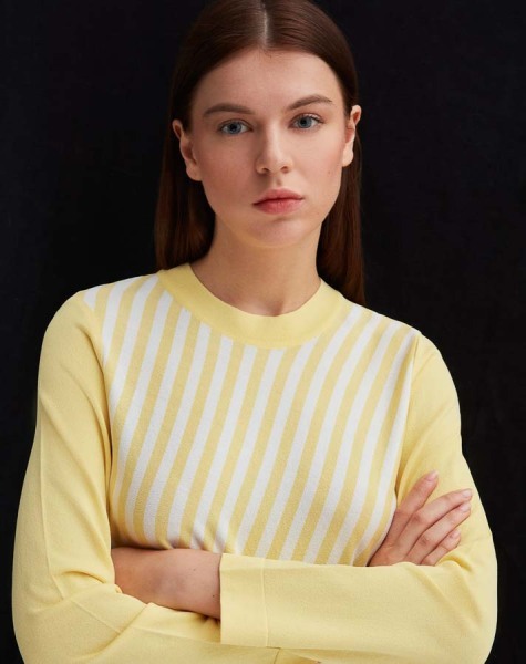 T25Y-6023 Asimetrik Kesim Çizgili Triko Tunik 1221-YELLOW - 2