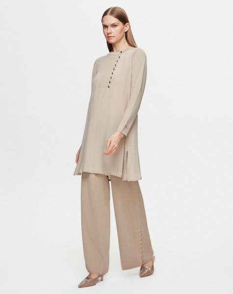 T25Y-6025 Düğme Aksesuarlı Nervürlü Cupro Tunik ANTHRACITE - 1