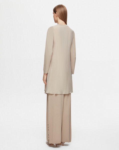 Düğme Aksesuarlı Nervürlü Cupro Taş Rengi Tunik - 3