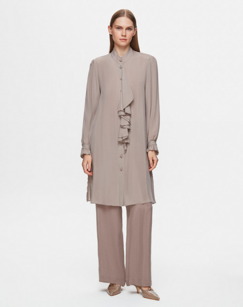 T25Y-6029 Önü Fırfırlı Cupro Tunik 1237-MİNK - 1