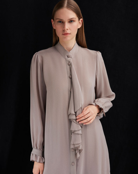 T25Y-6029 Önü Fırfırlı Cupro Tunik 1237-MİNK - 2