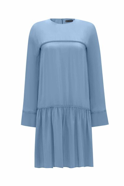 Tiktak Detaylı Rahat Kesim Cupro Mavi Tunik 