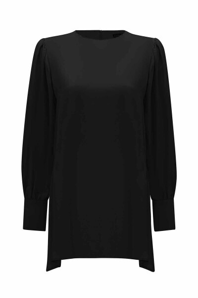 T25Y-6033 Yuvarlak Yaka Klasik Kesim Cupro Tunik BLACK 