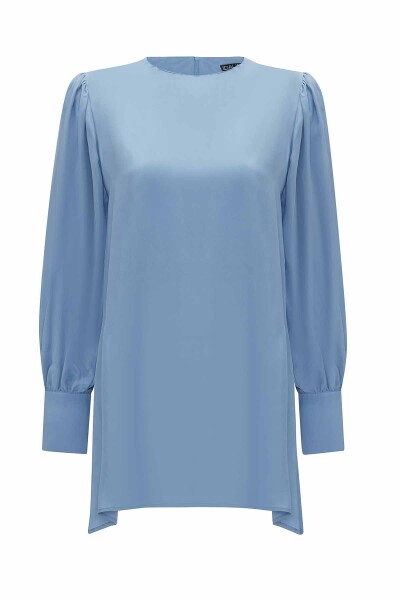 T25Y-6033 Yuvarlak Yaka Klasik Kesim Cupro Tunik BLUE 