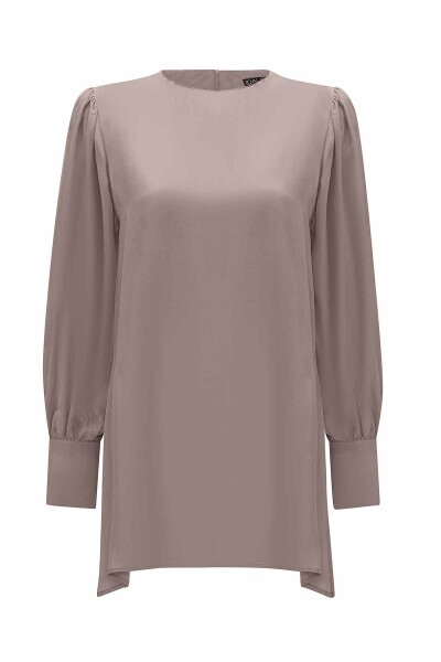 T25Y-6033 Yuvarlak Yaka Klasik Kesim Cupro Tunik NAVY BLUE 