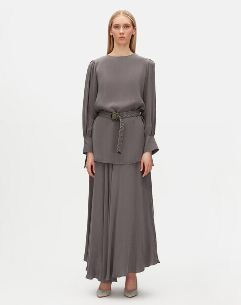 T25Y-6033 Yuvarlak Yaka Klasik Kesim Cupro Tunik NAVY BLUE - 2