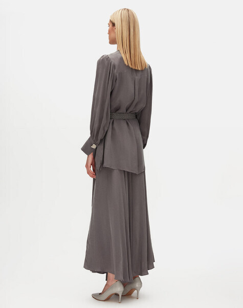 T25Y-6033 Yuvarlak Yaka Klasik Kesim Cupro Tunik NAVY BLUE - 5