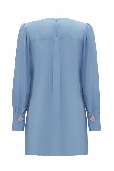 T25Y-6033 Yuvarlak Yaka Klasik Kesim Cupro Tunik NAVY BLUE - 7