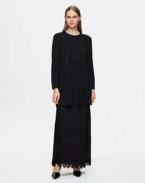 T25Y-6034 Dantel Detaylı Düz Renk Triko Tunik BLACK - 1