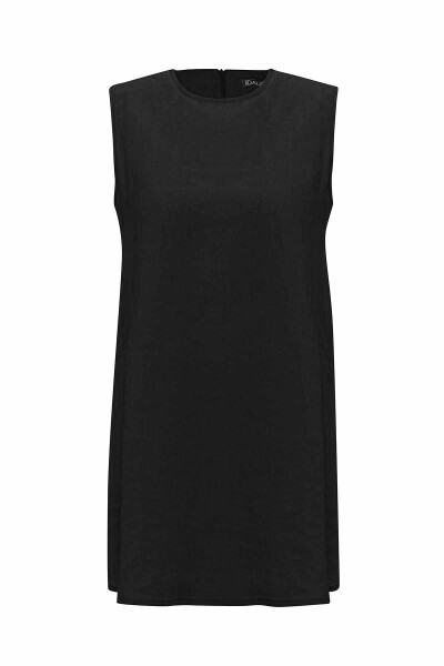 T25Y-6035 Düz Renk Kolsuz Keten Tunik BLACK 