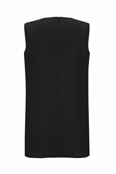 Düz Renk Kolsuz Keten Siyah Tunik - 2