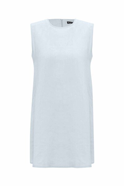 T25Y-6035 Düz Renk Kolsuz Keten Tunik BLUE 