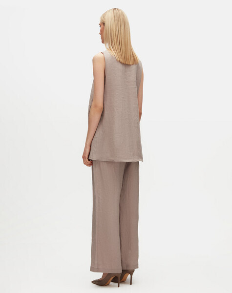 Düz Renk Kolsuz Keten Vizon Tunik - 2