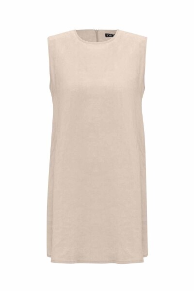 Düz Renk Kolsuz Keten Taş Rengi Tunik 