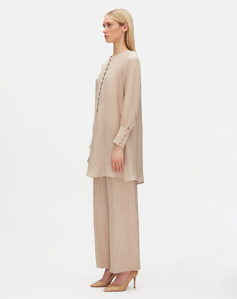 Yuvarlak Yaka Brit Detaylı Taş Rengi Tunik - 2