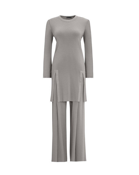T25Y-6040 Önü Yırtmaç Detaylı Düz Renk Triko Tunik 1179-GREY 