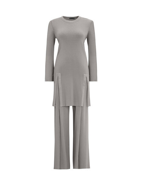 T25Y-6040 Önü Yırtmaç Detaylı Düz Renk Triko Tunik 1179-GREY - 1