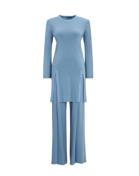T25Y-6040 Önü Yırtmaç Detaylı Düz Renk Triko Tunik 1186-BLUE - 1