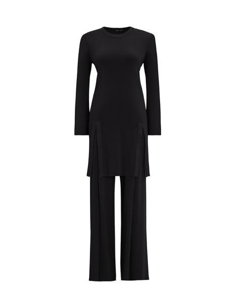 T25Y-6040 Önü Yırtmaç Detaylı Düz Renk Triko Tunik BLACK - 1