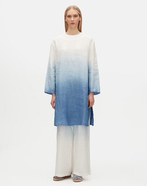 T25Y-6041 Degradeli Uzun Kollu Keten Tunik BLUE - 1