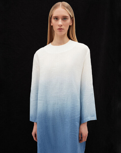 T25Y-6041 Degradeli Uzun Kollu Keten Tunik BLUE - 4