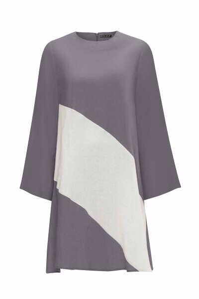 İki Renk Rahat Kesim Keten Antrasit Tunik - 1