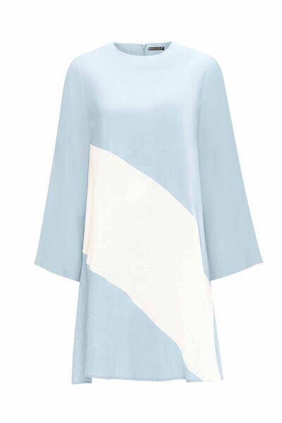 İki Renk Rahat Kesim Keten Mavi Tunik - 1