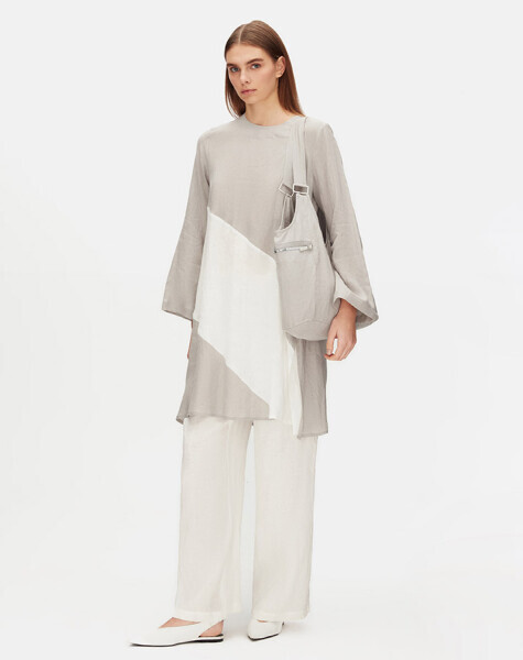 İki Renk Rahat Kesim Keten Gri Tunik 