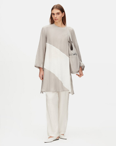 İki Renk Rahat Kesim Keten Gri Tunik - 2