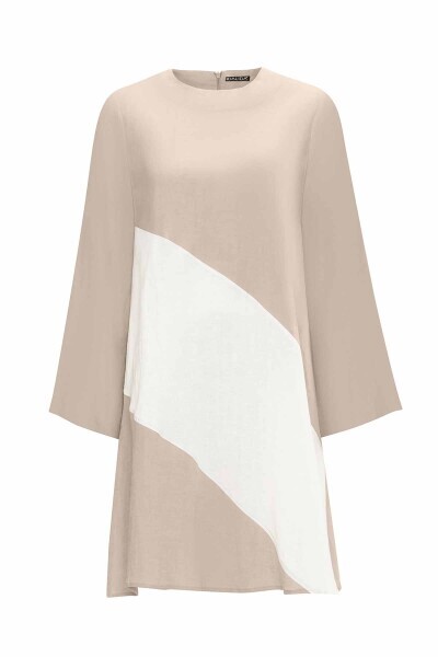 İki Renk Rahat Kesim Keten Taş Renk Tunik - 1