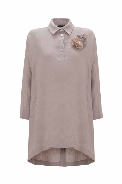 T25Y-6048 Evaze Kesim Çiçek Broşlu Keten Tunik BLACK - 1