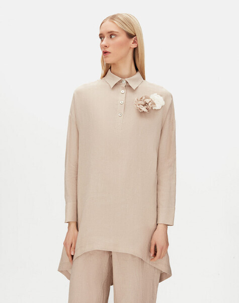 T25Y-6048 Evaze Kesim Çiçek Broşlu Keten Tunik BLACK - 5