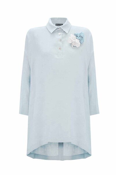 T25Y-6048 Evaze Kesim Çiçek Broşlu Keten Tunik BLACK - 7