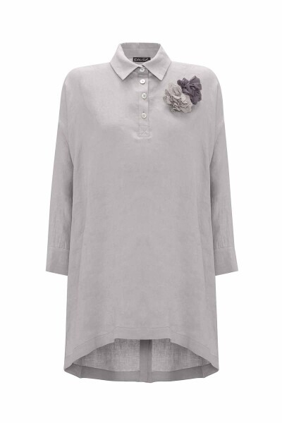 T25Y-6048 Evaze Kesim Çiçek Broşlu Keten Tunik BLACK - 11