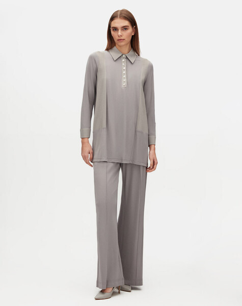 T25Y-6051 Gömlek Yaka Düz Renk Tunik GREY - 1