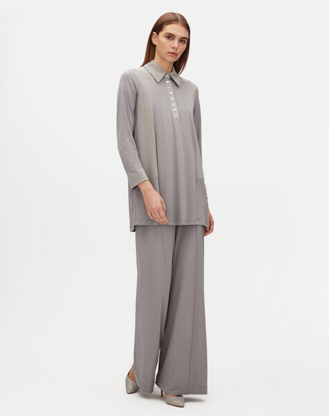T25Y-6051 Gömlek Yaka Düz Renk Tunik GREY - 2