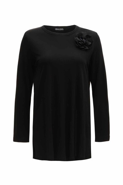 Çiçek Broşlu Düz Renk Basic Siyah Tunik - 1
