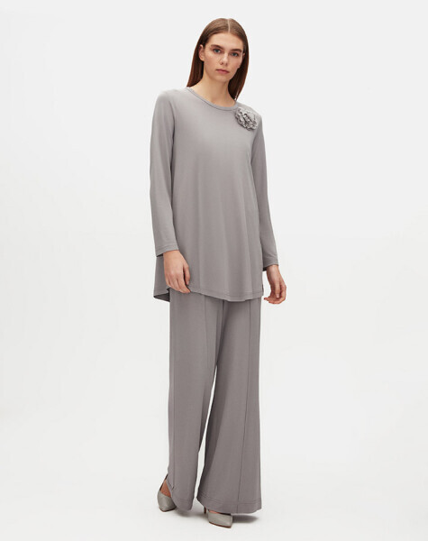 T25Y-6053 Çiçek Broşlu Düz Renk Basic Tunik GREY - 2